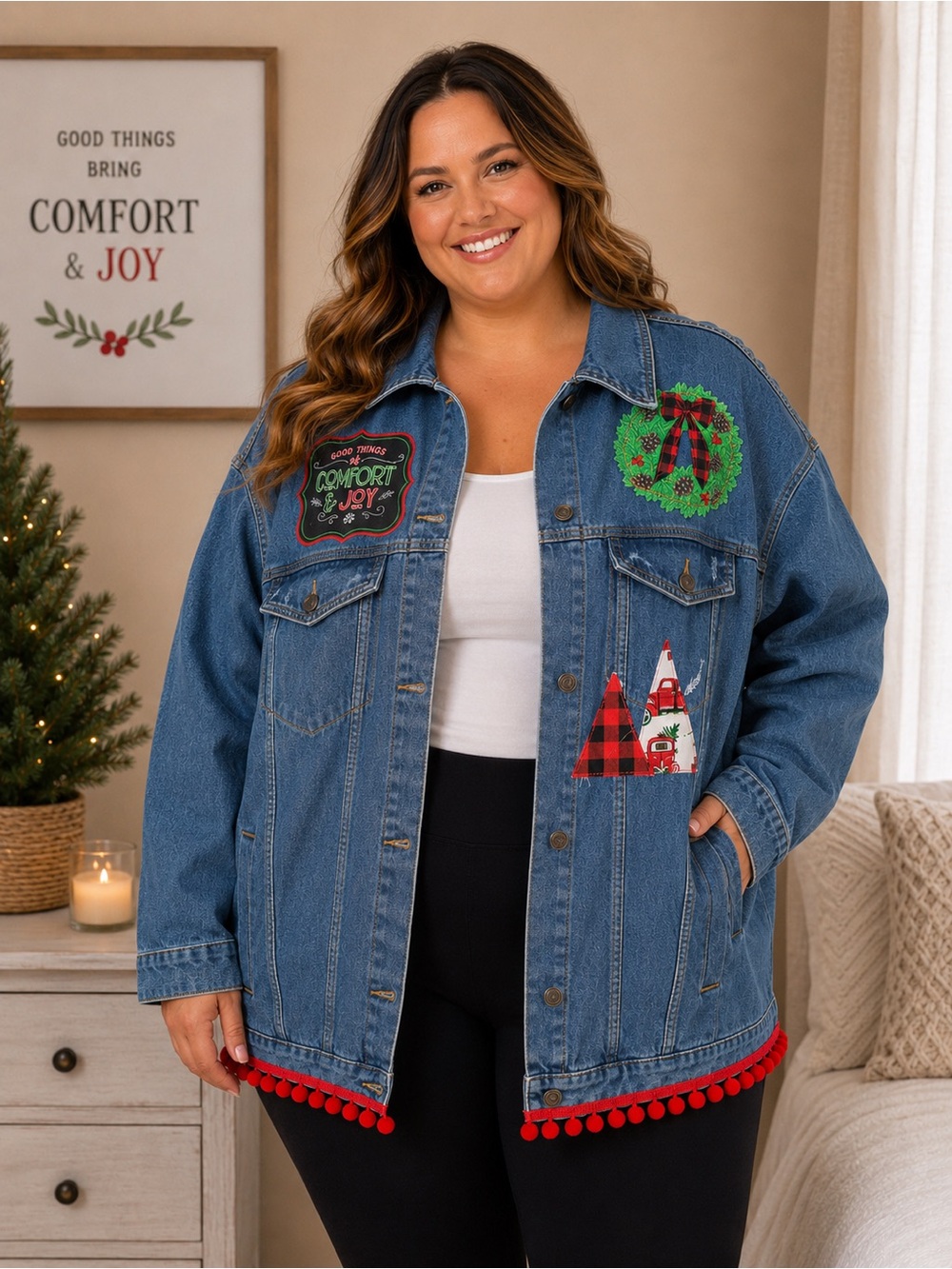 Custom Christmas Denim Jacket 2X Red Pom Pom Trim Buffalo Plaid Holiday